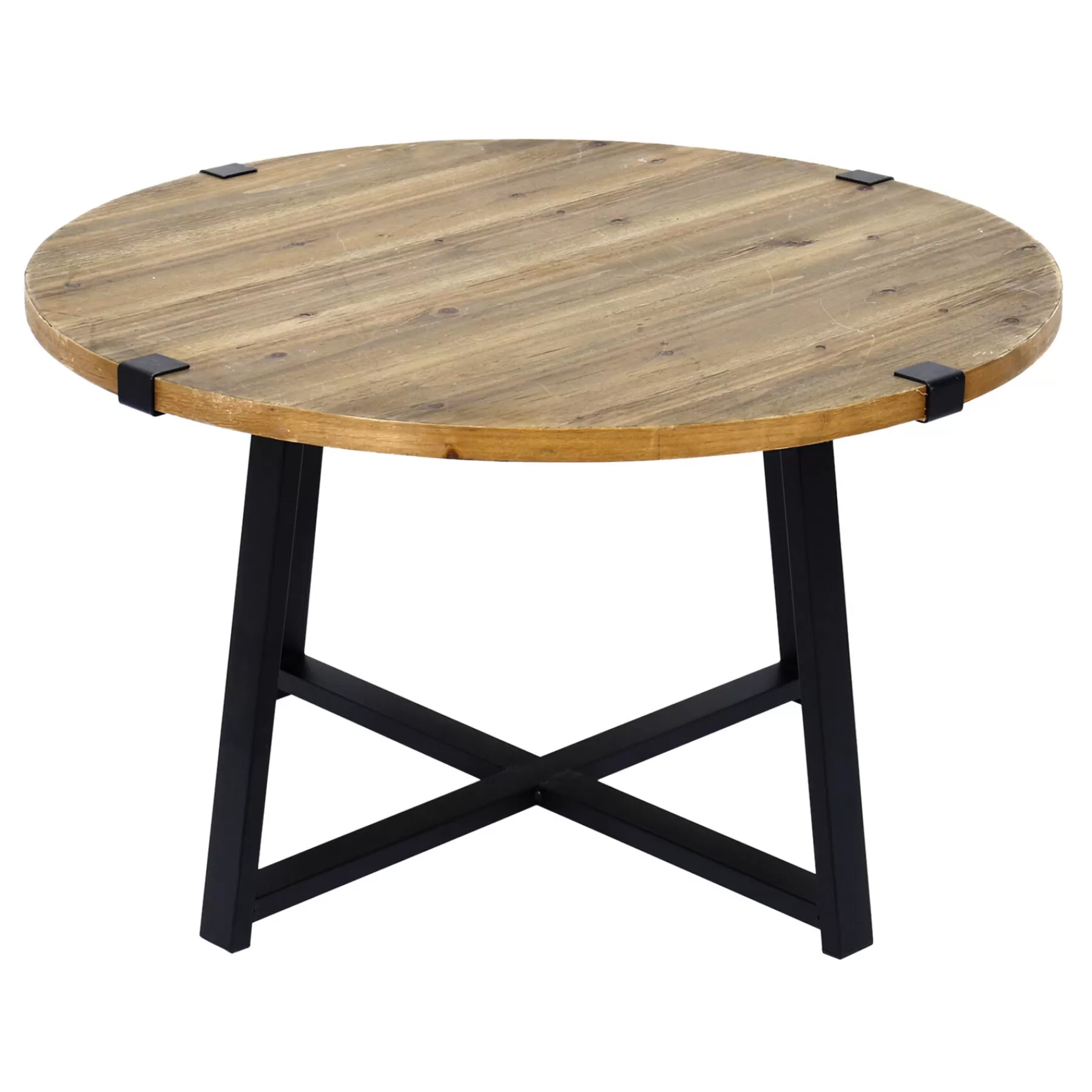 * Classical Round Wood Top Coffee Table With Metal X Base