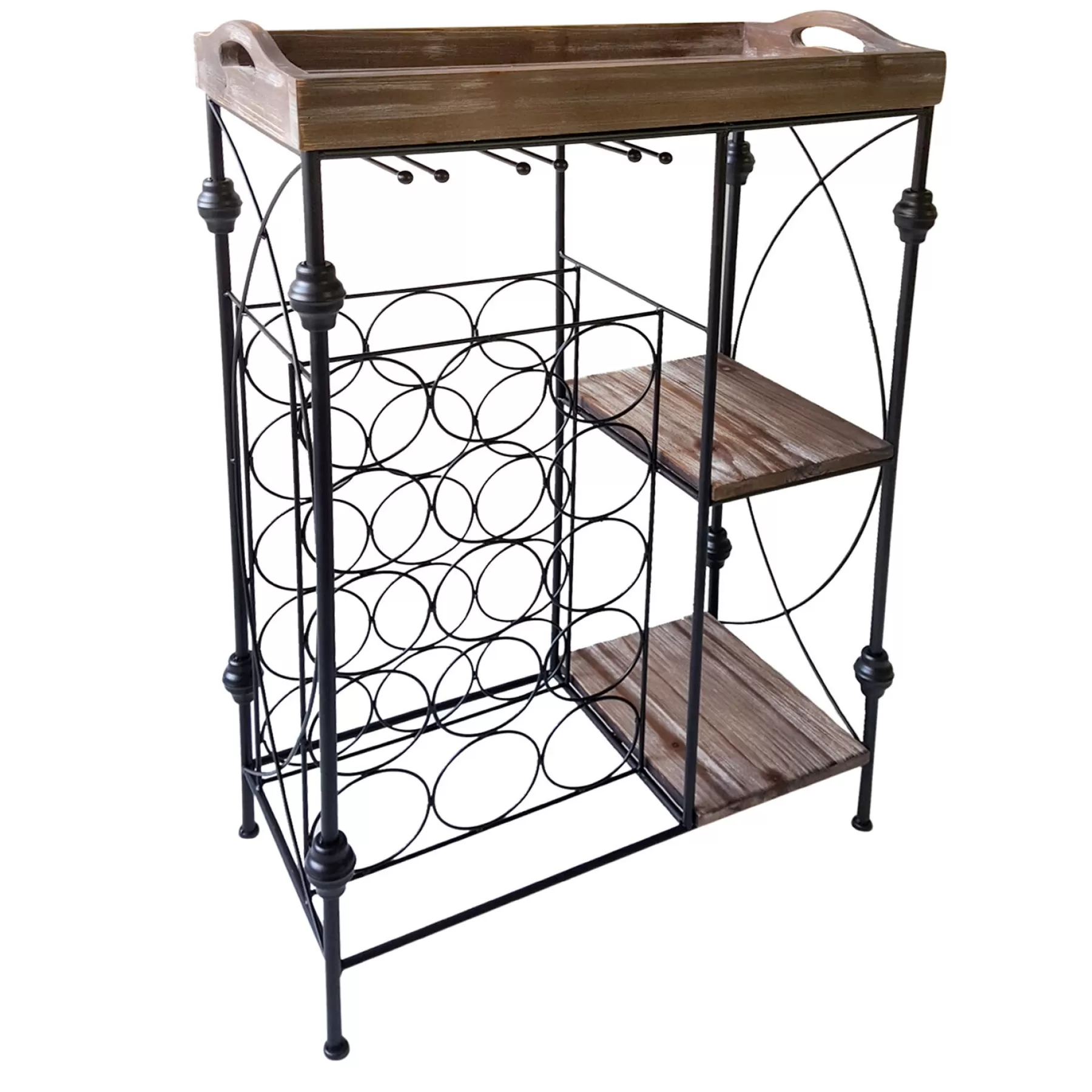 * Classical Wood Tray Top Black Metal Wine Rack