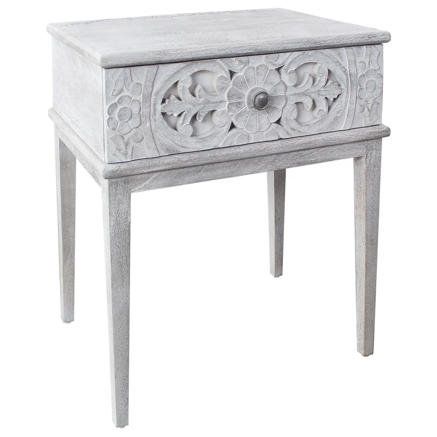 * Discount Sale Grey Wash Carved Single Drawer Nightstand