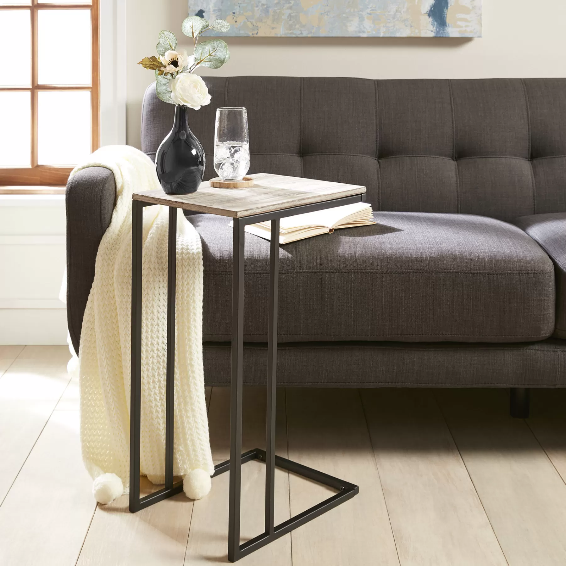 * Limited Edition Grey Wooden Top C-Table With Gunmetal Base